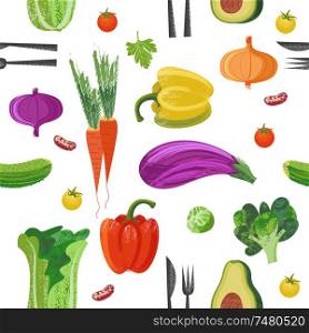 Seamless pattern on white background. Different colorful delicious vegetables. Vector illustration with unique hand drawn texture.. Seamless pattern. Vector illustration with hand drawn unique textures.