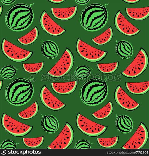 Seamless pattern red juicy slice of tasty watermelon with seed on green background. Greeting card, print for textile, wrapping paper, market