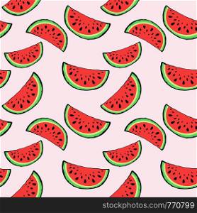 Seamless pattern red juicy slice of tasty watermelon with seed on pink background. Greeting card, print for textile, wrapping paper, market