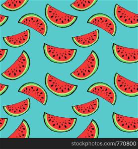 Seamless pattern red juicy slice of tasty watermelon with seed on turquoise background. Greeting card, print for textile, wrapping paper, market