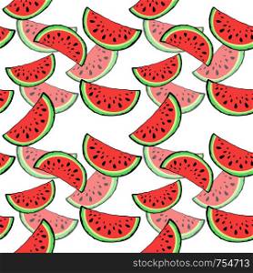 Seamless pattern red juicy slice of tasty watermelon with seed on white background. Greeting card, print for textile, wrapping paper, market