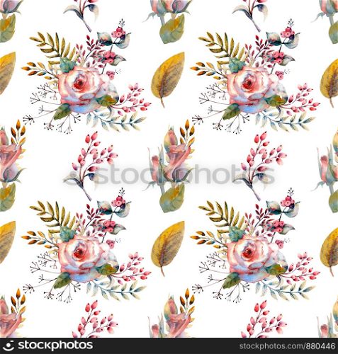 Seamless pattern. Set of flower branches. Pink rose flower, green leaves, red . Wedding concept with flowers. Floral poster, invitation. Watercolor arrangements for greeting card or invitation design. Seamless pattern. Set of flower branches. Pink rose flower, green leaves, red . Wedding concept with flowers. Floral poster, invitation. Watercolor arrangements for greeting card or invitation design.
