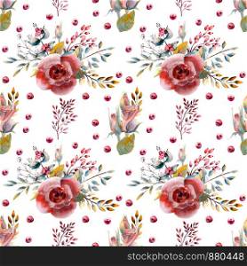 Seamless pattern. Set of flower branches. Pink rose flower, green leaves, red . Wedding concept with flowers. Floral poster, invitation. Watercolor arrangements for greeting card or invitation design. Seamless pattern. Set of flower branches. Pink rose flower, green leaves, red . Wedding concept with flowers. Floral poster, invitation. Watercolor arrangements for greeting card or invitation design.