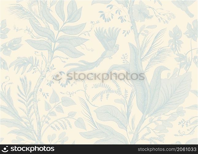 Seamless pattern Toile de Jouy with birds and plants. Light tropical wallpaper. Monochrome nature background. Provence vintage decoupage. Floral italian wallpaper. Old style design.