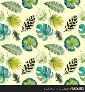 Seamless pattern. Tropical leaves watercolor background. Flower illustrations. Wallpaper textiles. Seamless pattern. Tropical leaves watercolor background.. Tropical leaves watercolor background. Flower illustrations.