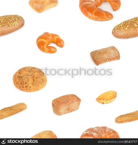 Seamless pattern varied set bread products isolated on white background.