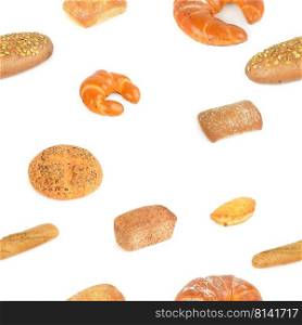 Seamless pattern varied set bread products isolated on white background.