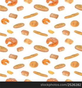 Seamless pattern varied set fresh and healthy bread products isolated on white background.