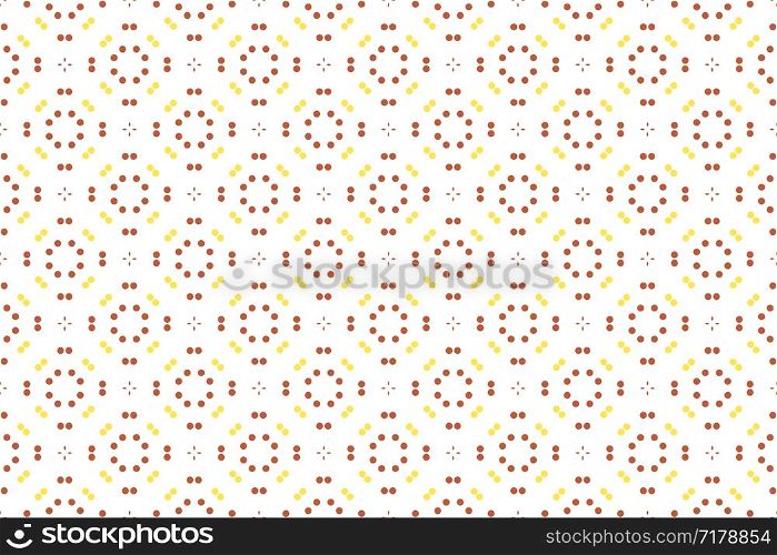 Seamless pattern. White background and four rayed stars and dots in yellow and brown colors.
