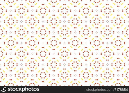 Seamless pattern. White background and four rayed stars and dots in yellow and brown colors.