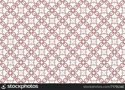 Seamless pattern. White background and intertwined lines, circles, rounded diamonds and four pointed stars in light and dark red and light brown, cream colors.