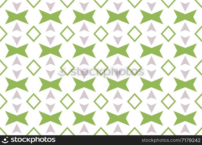 Seamless pattern. White background and shaped 45 degree rotated squares, diamonds, arrows in grey and green colors.