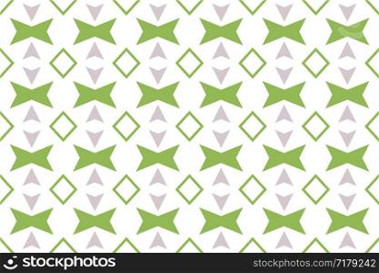 Seamless pattern. White background and shaped 45 degree rotated squares, diamonds, arrows in grey and green colors.