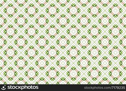 Seamless pattern. White background and shaped arrows, diamonds, triangles and 45 degree rotated squares in cream, brown, dark and light green and grey colors.