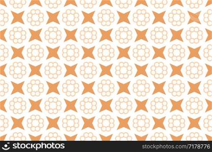 Seamless pattern. White background and shaped circle flowers and stars in brown tints.
