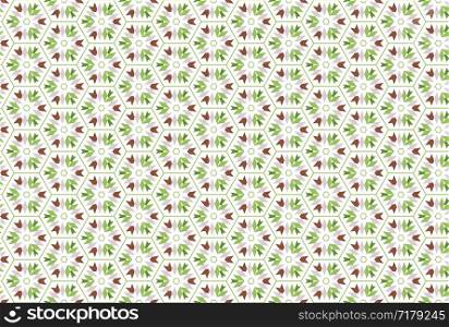 Seamless pattern. White background and shaped hexagon, triangles and arrows in brown, grey, light and dark green colors.