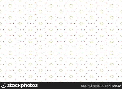 Seamless pattern. White background and shaped hexagonal triangles and diamonds, circle dots.