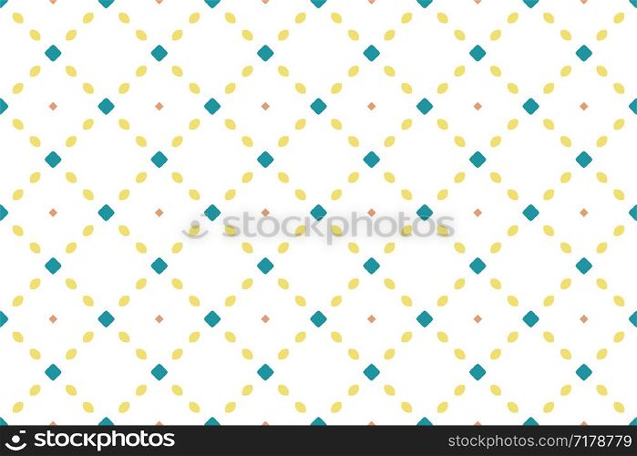 Seamless pattern. White background and shaped lemons, squares in yellow, brown and turquoise tints.