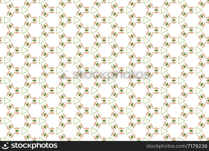 Seamless pattern. White background and shaped triangles and diamonds in cream, brown, light and dark green colors.