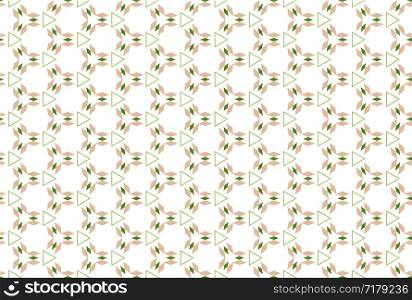 Seamless pattern. White background and shaped triangles and diamonds in cream, brown, light and dark green colors.