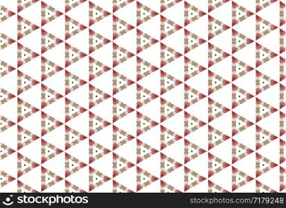 Seamless pattern. White background and shaped triangles with circles in black, cream, brown, light and dark red colors.
