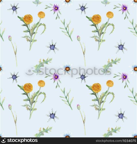 Seamless pattern. Wild flowers background Watercolor. Field flowers. Flower illustrations. Bohemian bouquets of flowers, wreaths, wedding compositions, anniversary, birthday, Invitations greeting cards. Wild flowers background. Seamless pattern. Wild flowers background Watercolor.