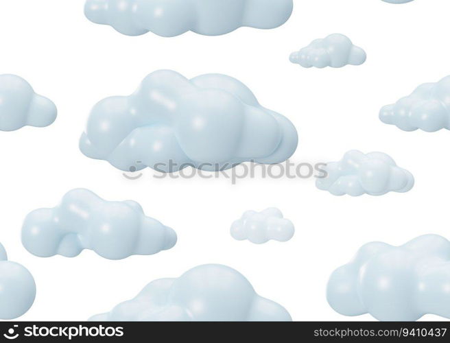 Seamless pattern with 3D clouds on white background. Applicable for fabric print, textile, wallpaper. Repeatable texture. Cartoon style, pattern for kids bedding, clothes. 3D render. Seamless pattern with 3D clouds on white background. Applicable for fabric print, textile, wallpaper. Repeatable texture. Cartoon style, pattern for kids bedding, clothes. 3D render.