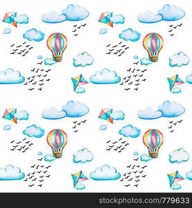 Seamless pattern with a balloon and a kite. Watercolor cartoon illustration with flocks of birds and clouds on a white background. Aeronautics is a hobby for children.. Seamless pattern with a balloon and a kite.