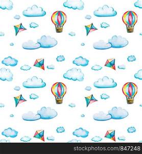 Seamless pattern with a balloon and a kite. Watercolor cartoon illustration with clouds on a white background. Aeronautics is a hobby for children.. Seamless pattern with a balloon and a kite.