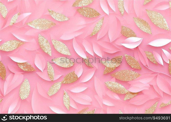 Seamless pattern with abstract golden leaves. Applicable for fabric print, textile, wrapping paper, wallpaper. Pink background with shiny elements. Repeatable texture. Generative AI. Seamless pattern with abstract golden leaves. Applicable for fabric print, textile, wrapping paper, wallpaper. Pink background with shiny elements. Repeatable texture. Generative AI.