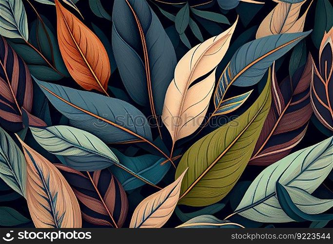 Seamless pattern with abstract leaves illustration. AI generative.