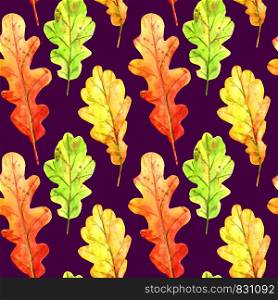 Seamless pattern with autumn oak leaves. Watercolor fallen leaves of green, orange and red with colorful drops and splashes on a purple background. Template for design.. Seamless pattern with autumn oak leaves.