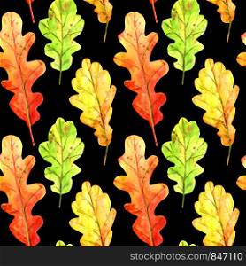 Seamless pattern with autumn oak leaves. Watercolor fallen leaves of green, orange and red with colorful drops and splashes on a black background. Template for design.. Seamless pattern with autumn oak leaves.