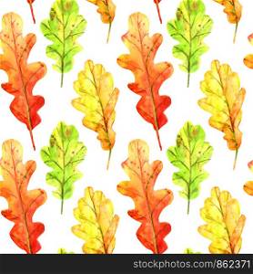 Seamless pattern with autumn oak leaves. Watercolor fallen leaves of green, orange and red with colorful drops and splashes on a white background. Template for design.. Seamless pattern with autumn oak leaves.
