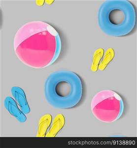 Seamless pattern with beach accessories on grey background. Colorful summer background, texture. Top view. Eye-catching design. 3d rendering. Seamless pattern with beach accessories on grey background. Colorful summer background, texture. Top view. Eye-catching design. 3d rendering.