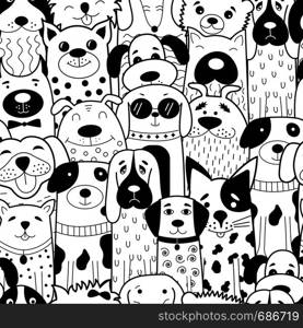 Seamless pattern with black and white doodle dogs. Vector illustration. Can be used for textile, website background, book cover, packaging.