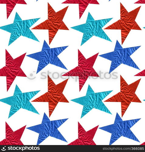 Seamless pattern with blue and red stars from foil on a white background. Stylish ornament with geometric repeating repetitive forms for printing on fabrics, greeting cards, gift wrapping.. Seamless pattern with blue and red stars on a white background.