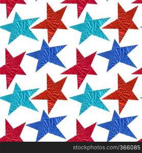 Seamless pattern with blue and red stars from foil on a white background. Stylish ornament with geometric repeating repetitive forms for printing on fabrics, greeting cards, gift wrapping.. Seamless pattern with blue and red stars on a white background.