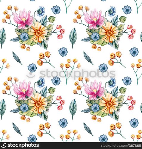 Seamless pattern with bouquets of wildflowers for a wedding. Floral card with pink flowers of mallow, yellow daisy, yellow tansy and blue daisy. Autumn, summer and spring seasons.. Seamless pattern with bouquets of wildflowers for a wedding.