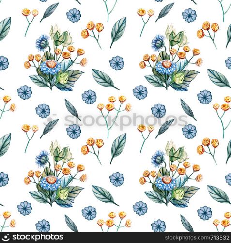 Seamless pattern with bouquets of wildflowers. Watercolor illustration with tansy and daisies. White background for greeting cards, fabrics, wedding invitations and scrapbooking.. Seamless pattern with bouquets of wildflowers.