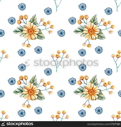 Seamless pattern with bouquets of wildflowers. Watercolor illustration with tansy, green leaves and yellow chamomile. Template for greeting cards, fabrics, wedding invitations and scrapbooking.. Seamless pattern with bouquets of wildflowers.