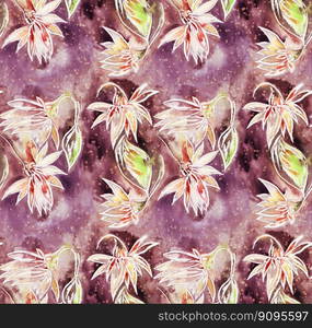 Seamless pattern with bright flowers drawn by paint. Watercolor Flowers Dark Color Mixed Beautifully Designed Grunge Textured Abstract Art Floral Print Pattern Background