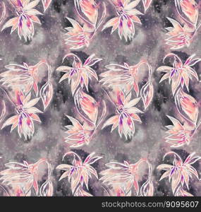 Seamless pattern with bright flowers drawn by paint. Watercolor Flowers Dark Color Mixed Beautifully Designed Grunge Textured Abstract Art Floral Print Pattern Background