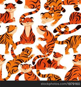 Seamless pattern with cartoon tigers in different poses. Texture with wildcats on a white background. Childrens wallpaper with joyful tabby cats. Seamless pattern with cartoon tigers in different poses. Texture with wildcats on a white background.