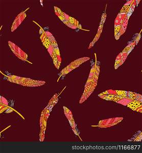 Seamless pattern with colored feathers.