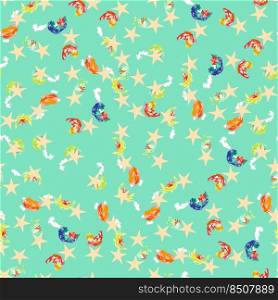 Seamless pattern with colorful brush painted and splaters and stars. Star on light green background. Watercolor seamless grunge pattern
