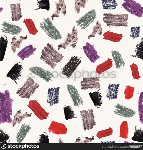 Seamless pattern with cosmetic smudges on white background. Fashion illustration endless background design with lipstick, mascara and creamy pencil strokes.. Endless background design with lipstick, mascara and creamy pencil strokes.
