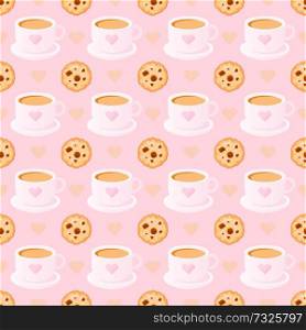 Seamless pattern with cups of coffee, cookies and hearts.