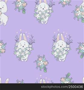 Seamless pattern with cute gray rabbits and large bouquet of flowers on light purple background. Vector illustration. For packaging, wallpaper, printing, textiles and decor
