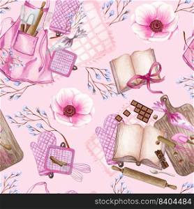 Seamless pattern with cute hand drawn dessert, tea and baking theme doodle elements. watercolor pink background. For wrapping paper, textile, print, advertising, fabric, wallpaper, web